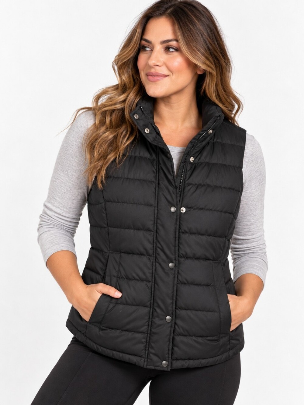 Gap Women’s Small Black Quilted Puffer Vest Fleece Lined Snap Zip Winter